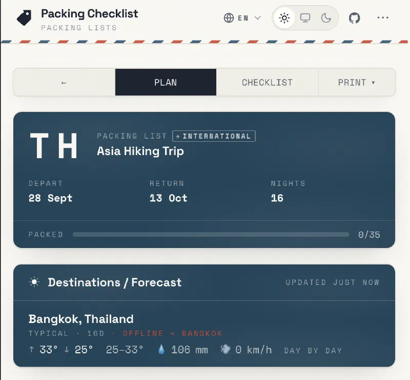 Screenshot of Packing Checklist